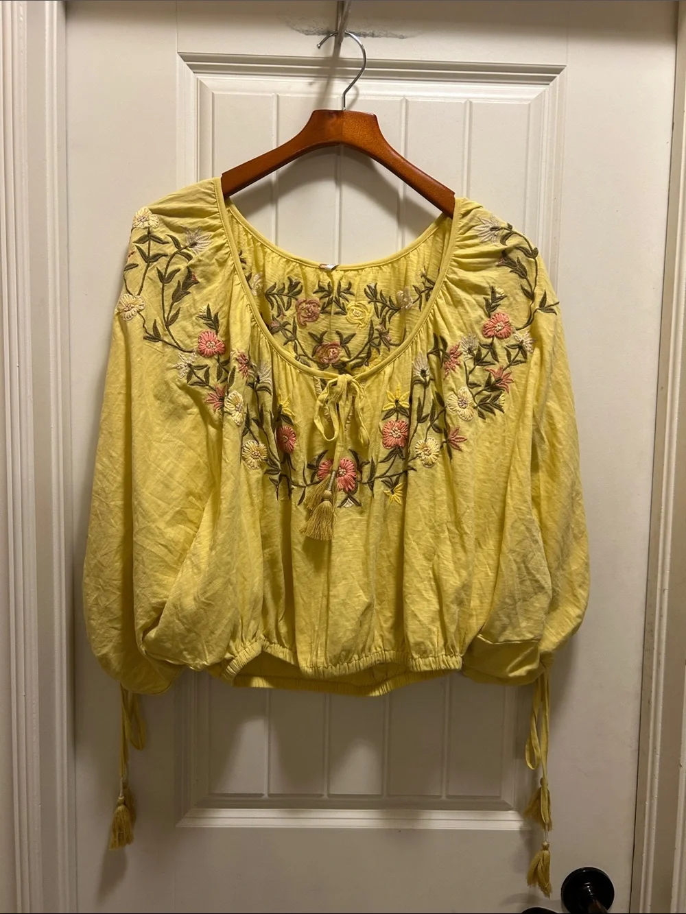 NWT Free People Yellow Plumeria  Embroidered Peasant Blouse - Picture 2 of 5